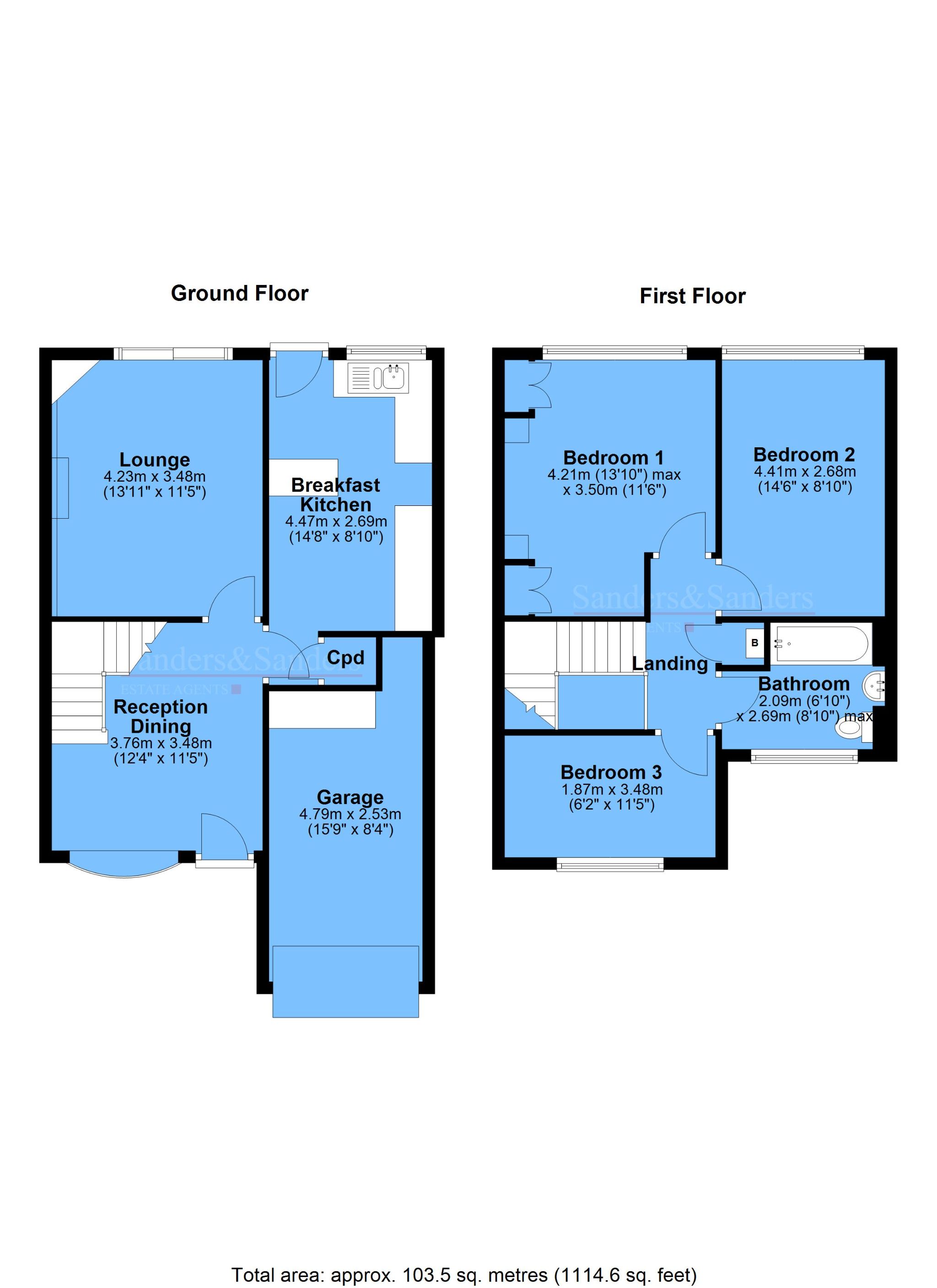 3 bedroom mid terraced house For Sale Studley - Floor Plans