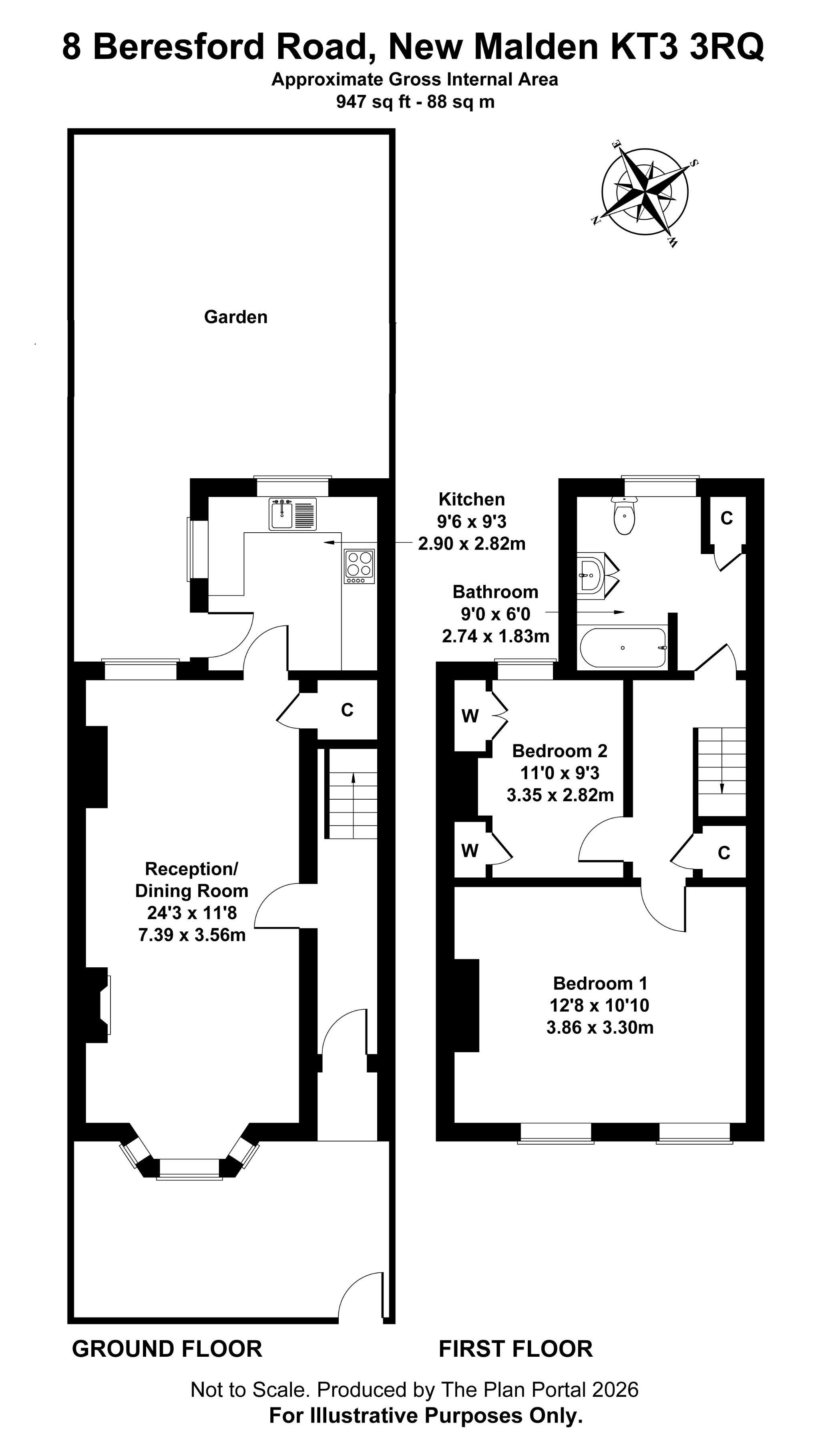 2 bedroom mid terraced house To Let in New Malden - Floorplan